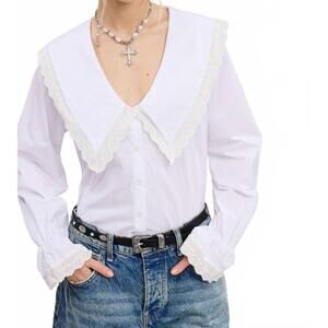 NEW MIMOSA bib collar blouse with lace trim in white